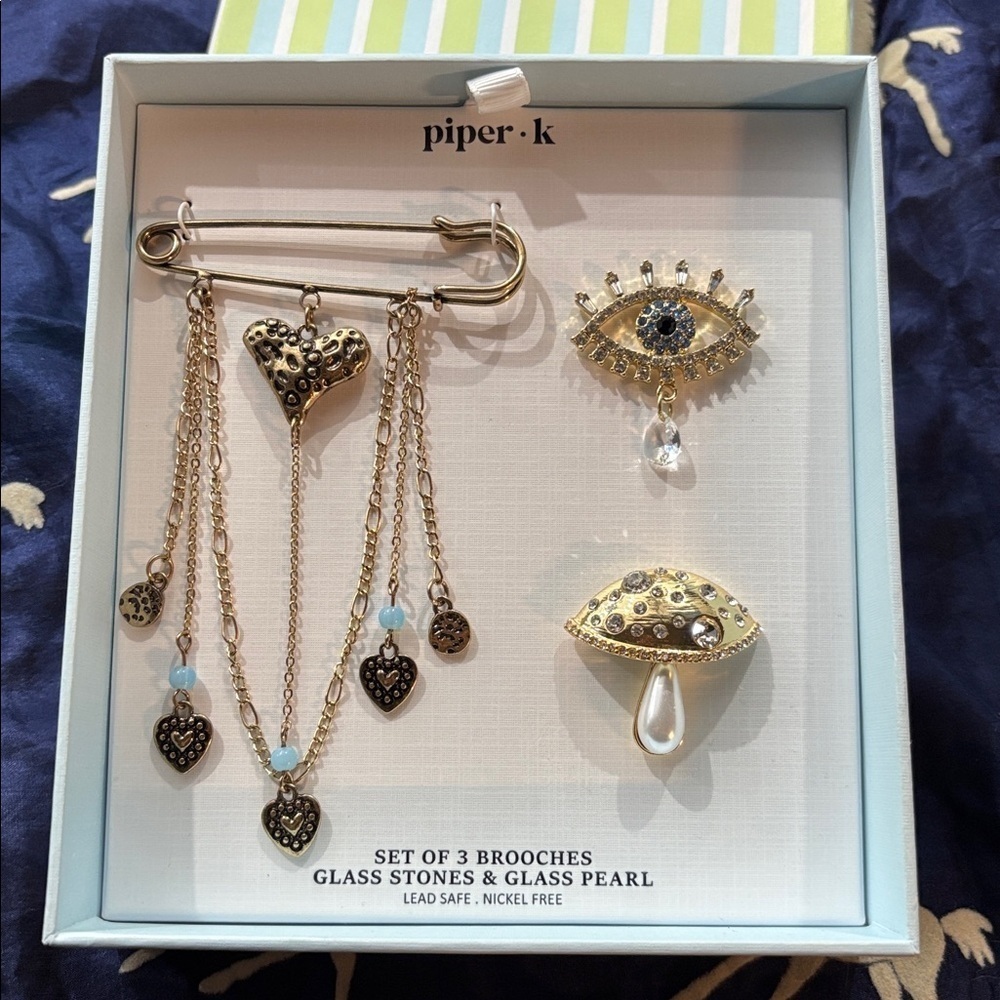 Brand New Piper K Set of 3 Brooches Glass Stones Pearl Evil Eye Hearts Mushroom